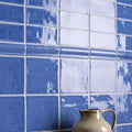 A beige ceramic pitcher with a glossy finish and curved handle against blue and white agapanthus half tile wall tiles
