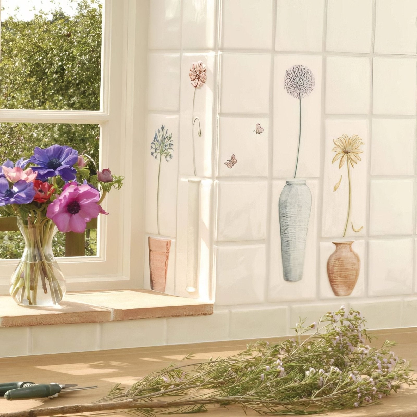 A clear glass vase holding a vibrant bouquet of purple pink and red flowers titled agapanthus on off white