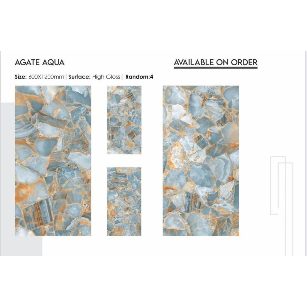 High-gloss agate aqua 60 x 120cm tiles with a mosaic pattern in light blue and warm amber tones