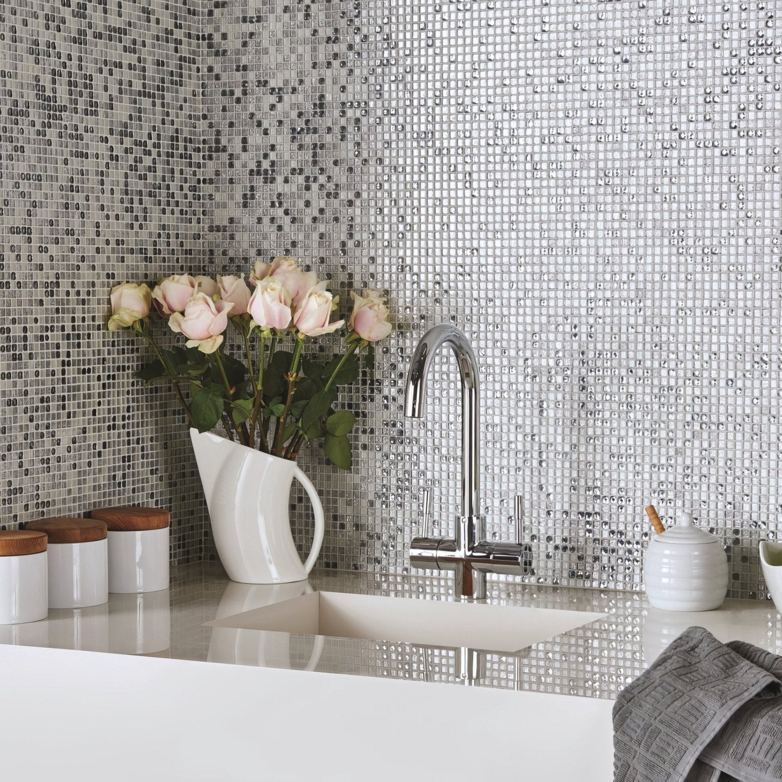 Agra Sparkling Mosaic silver sparkling glass mosaic shown with a chrome dual-handle tap