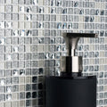 Agra Sparkling Mosaic silver sparkling glass mosaic backdrop with a black soap dispenser