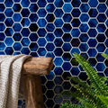 Deep blue hexagonal porcelain mosaic tiles with white grout lines akazu porcelain cobalt mosaic