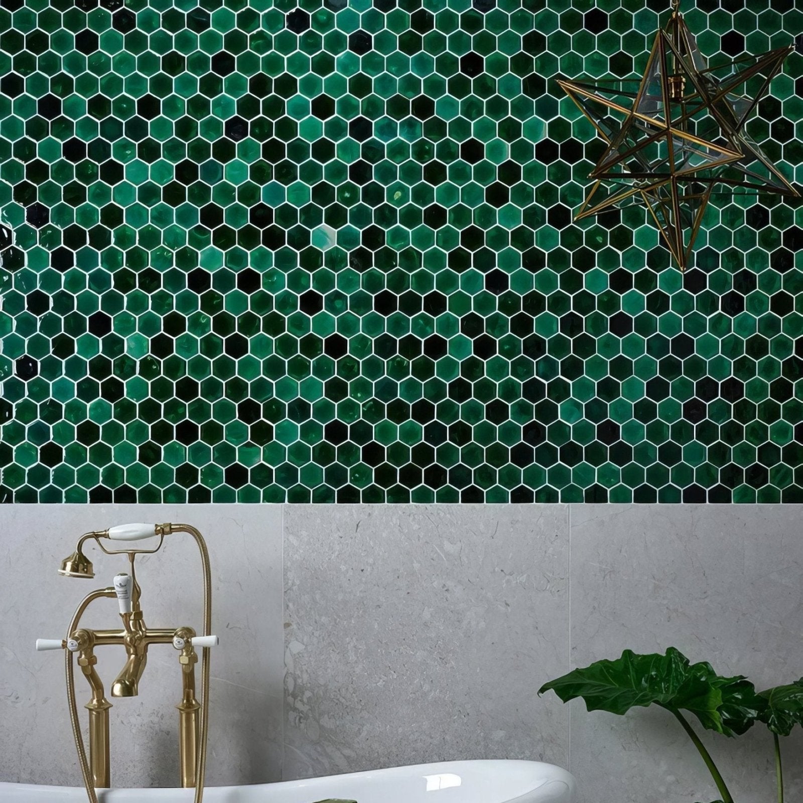 Emerald green hexagonal porcelain mosaic tiles with a glossy finish covering a wall from akazu porcelain emerald mosaic