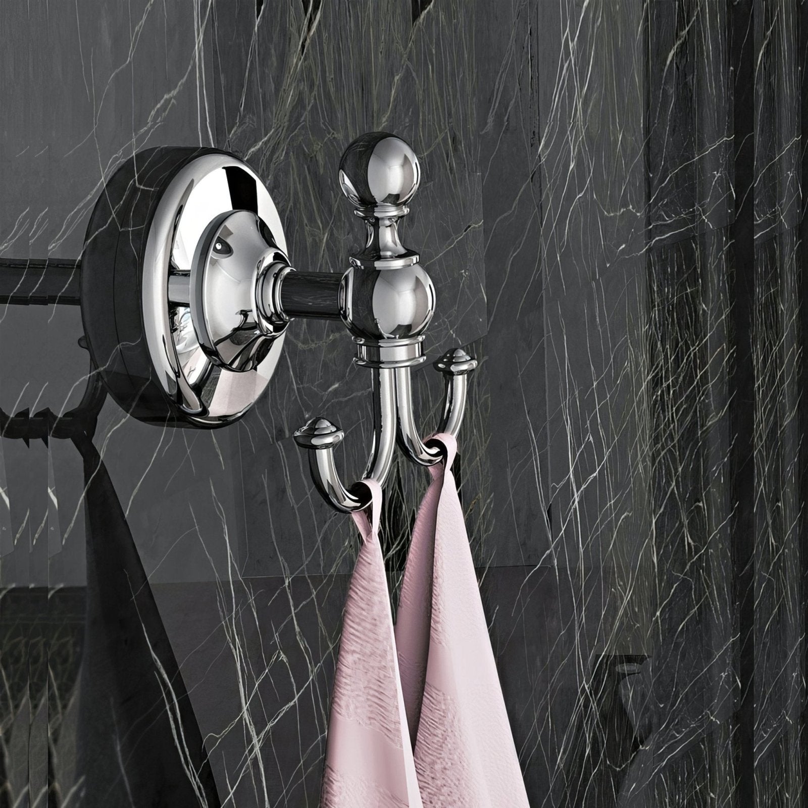 Chrome-finished albany double hook towel rack with three hooks, spherical accents, and circular wall plate
