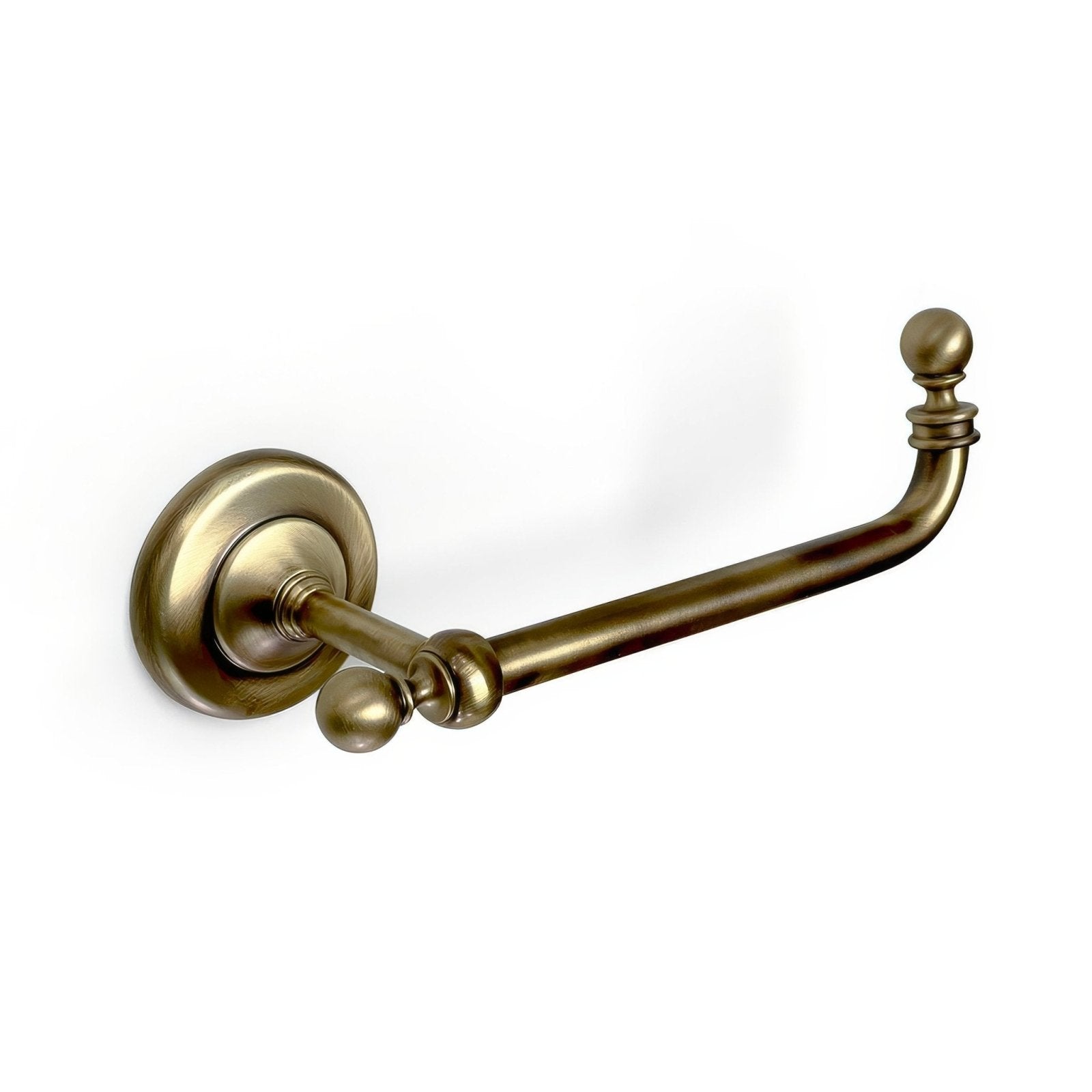 Antique brass-finished wall-mounted albany open toilet roll holder with ornate spherical accents and curved design