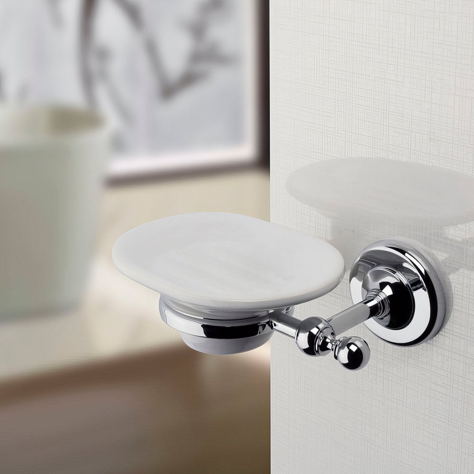 Albany soap dish chrome wall mounted with chrome finish and white ceramic oval tray for bathroom use
