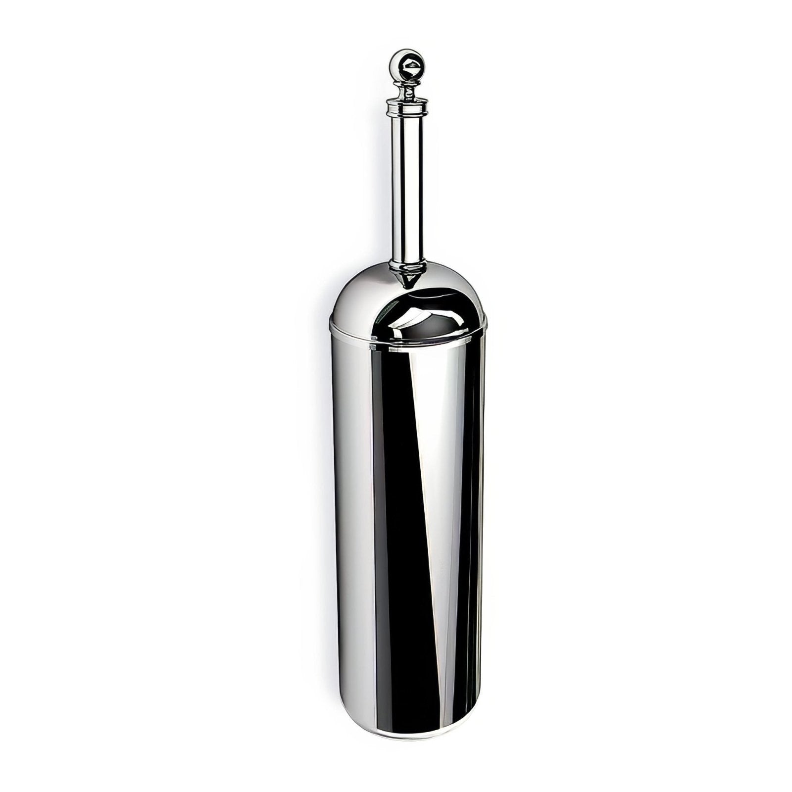 Shiny chrome finished albany toilet brush holder with sleek cylindrical design and polished spherical top