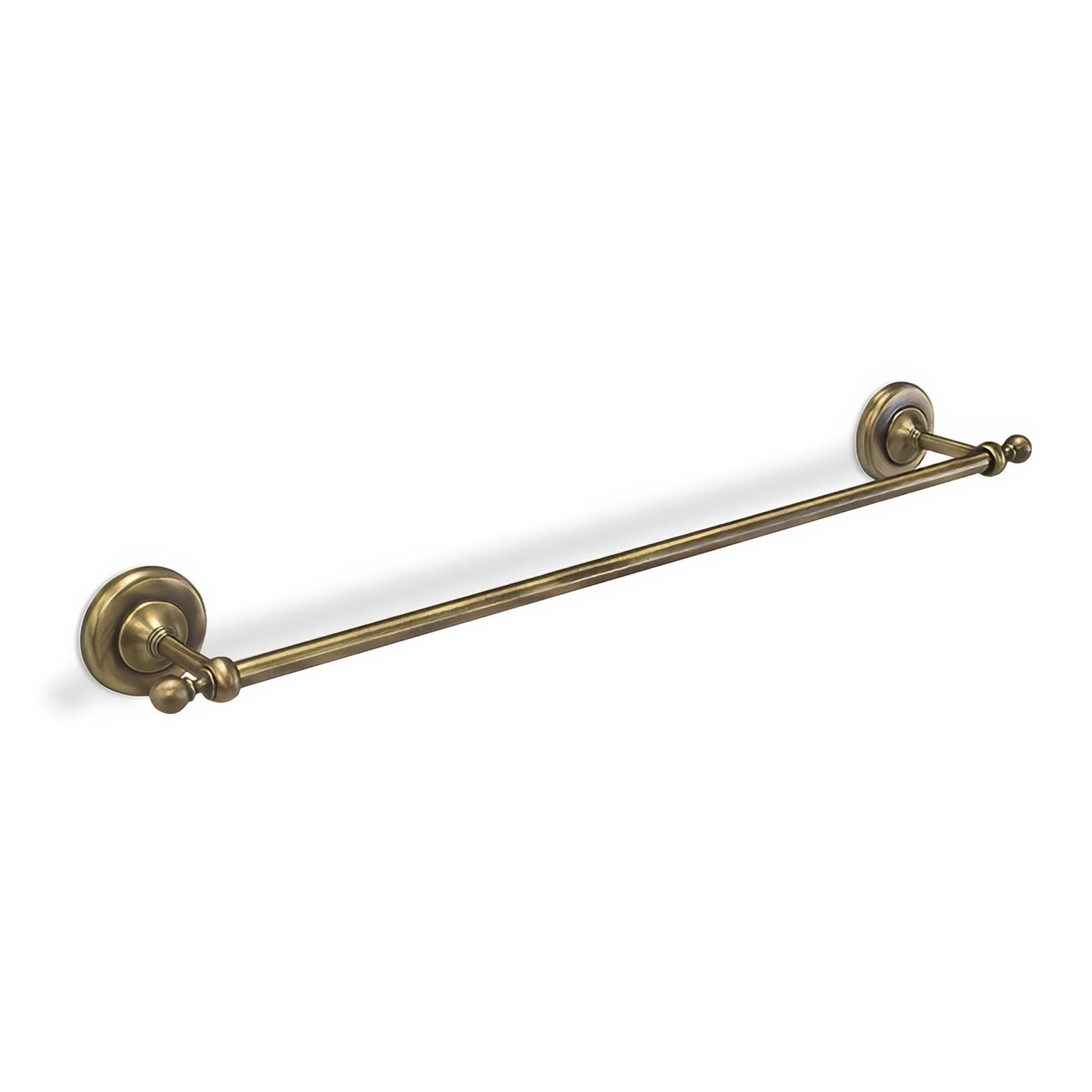 Antique brass towel rack with ornate circular wall mounts and decorative ball finials in aged brass finish