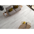 Albero white natural light gray wood-look floor tiles with subtle white veining for indoor flooring