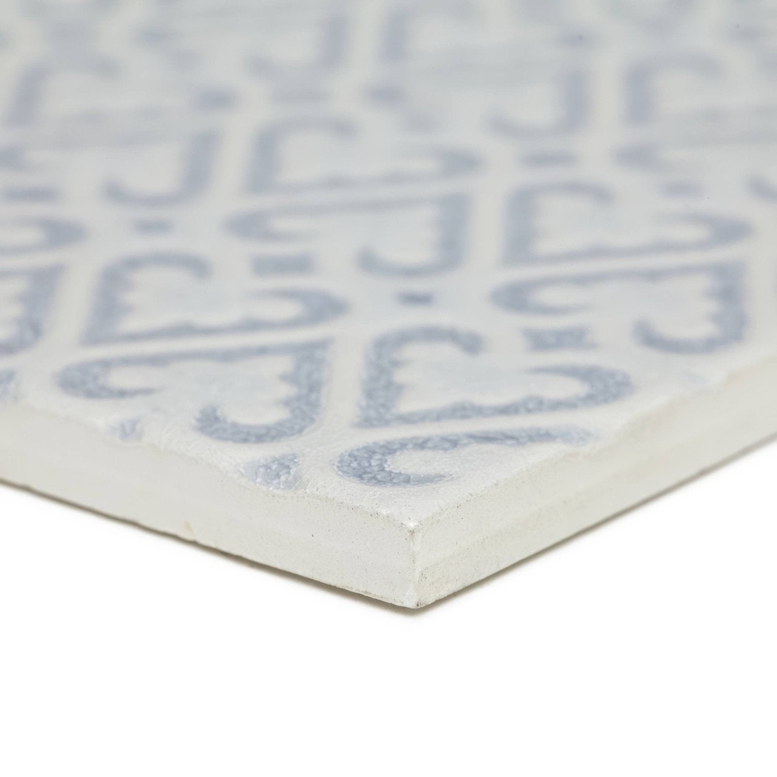White ceramic alhambra blue decor 2 glazed tile with subtle gray repeating geometric pattern