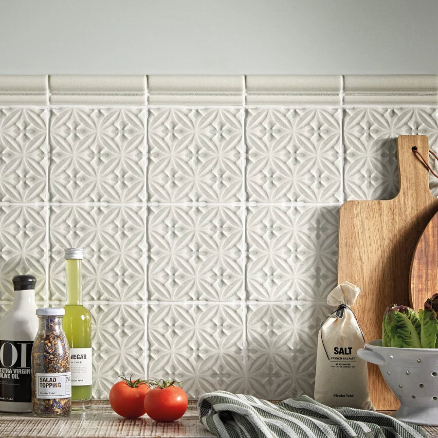 White textured ceramic alhambra grey decor glazed tile with repeating geometric pattern