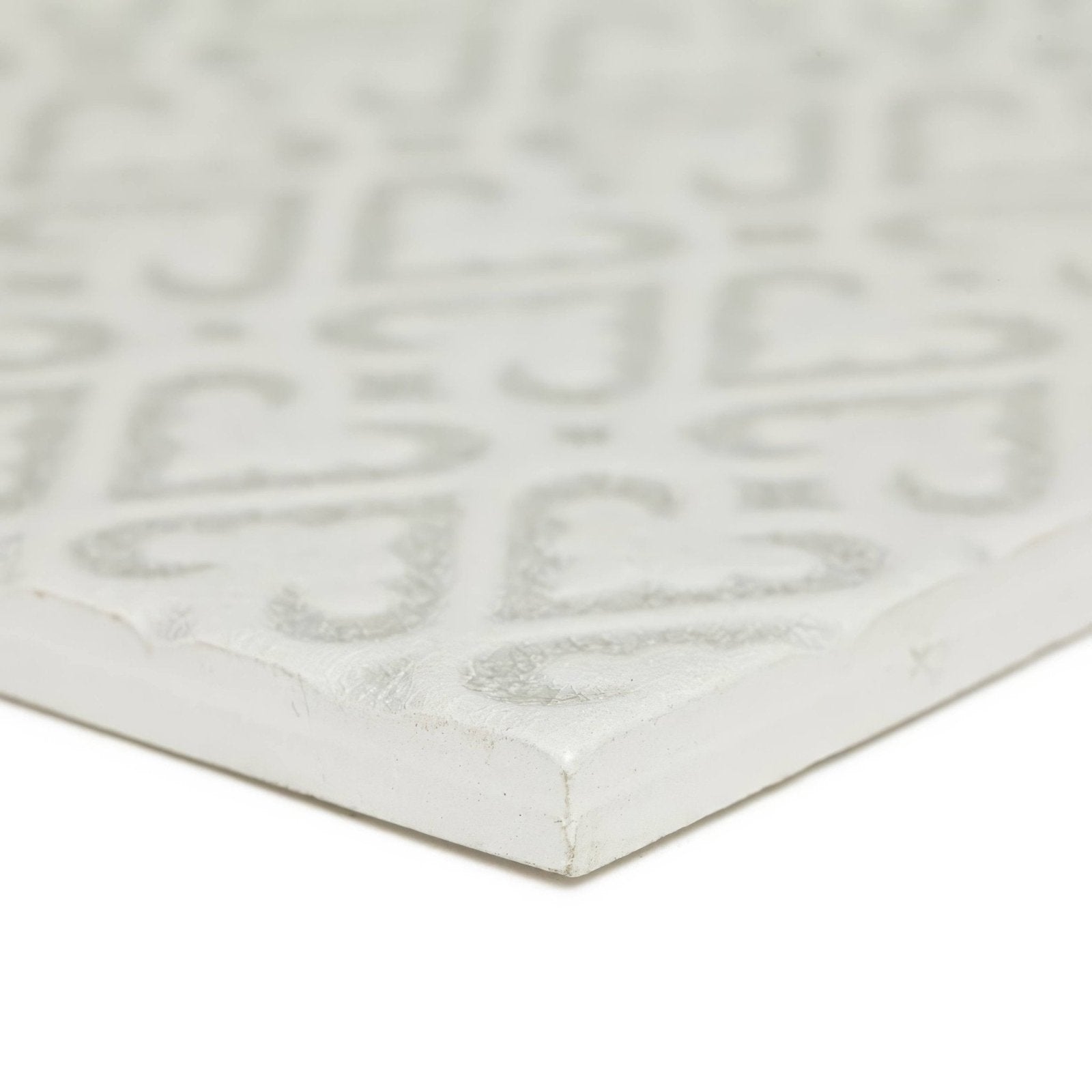 Alhambra grey decor 2 glazed tile white ceramic with subtle embossed geometric pattern in lighter gray tone