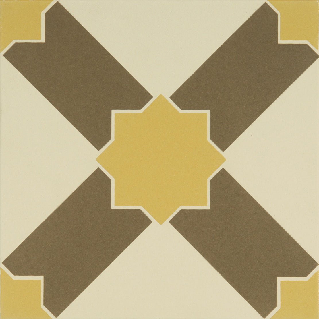 A square ceramic tile with brown and yellow geometric shapes on an off-white background from alhambra summer yellow and regency bath on white collections