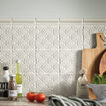 White textured ceramic backsplash tiles with repeating geometric pattern alhambra white dado glazed 5 x 15cm