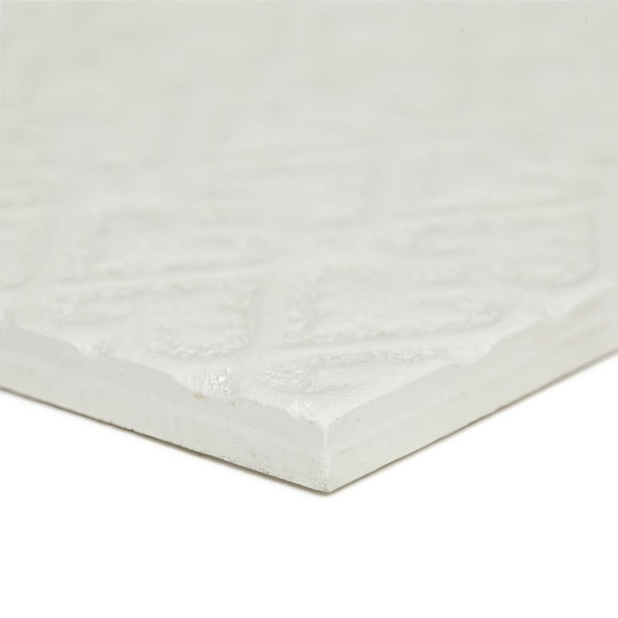 Alhambra white decor 2 glazed tile with white textured surface and subtle raised geometric pattern for stylish walls