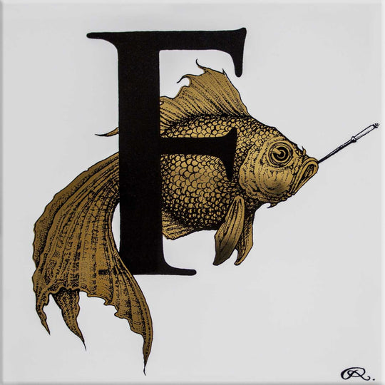 Rory Dobner F – Fish On A Fag Break Gold Alphabet Tile - Ceramic