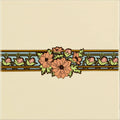 Alphonse Mucha Evening Reverie Border Tile on County White with peach flowers and pink buds on light blue ceramic background