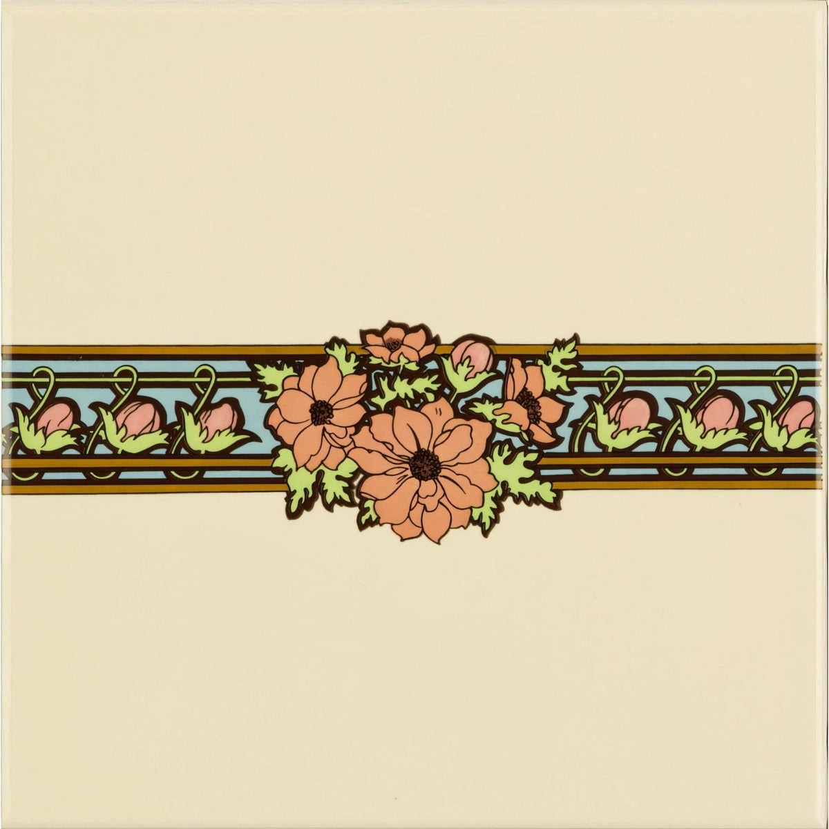 Alphonse Mucha Evening Reverie Border Tile on County White with peach flowers and pink buds on light blue ceramic background