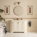 Alphonse Mucha Evening Reverie Corner Tile on County White in a bathroom setting