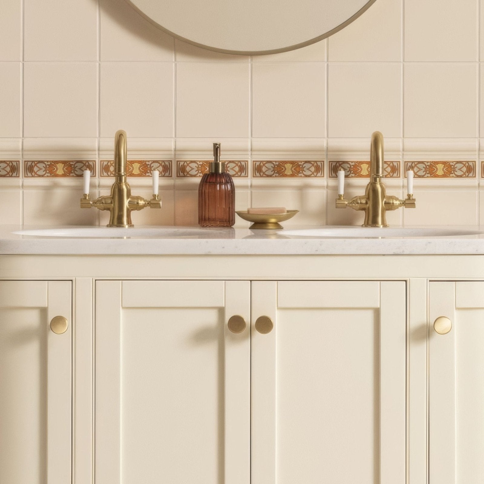 Gold-toned ornate bathroom faucet with white ceramic handles on alphonse mucha evening reverie quarter tile county white