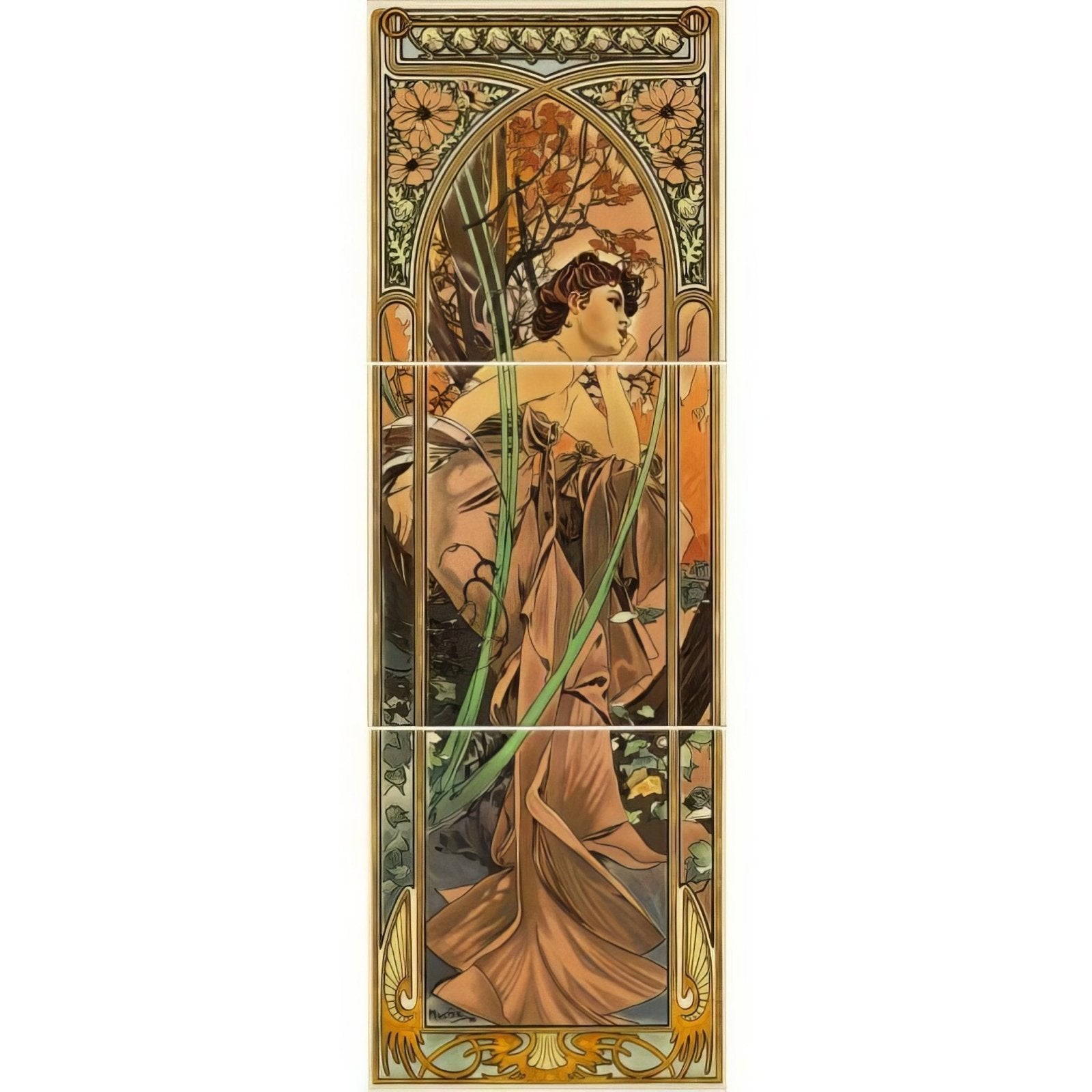 Alphonse Mucha Evening Reverie (Right Hand) 3-Tile Set on County White - Ceramic - Decorated