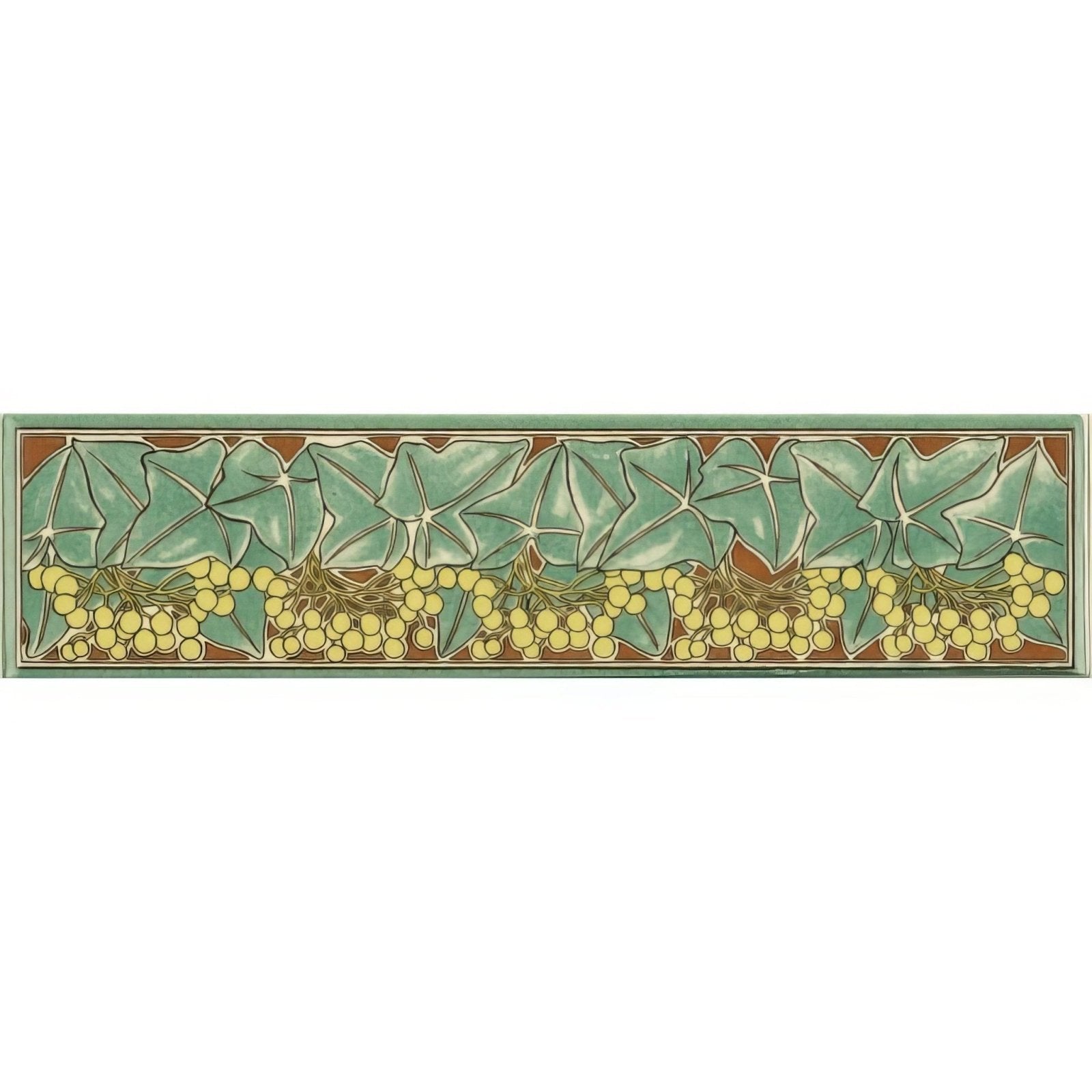 A rectangular ceramic tile featuring a repeating pattern of green ivy leaves and yellow grapes with a light green border