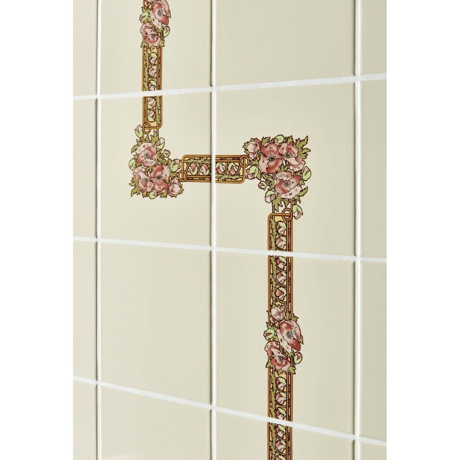 Beige ceramic alphonse mucha nocturnal slumber corner tile with pink and gold floral border on county white background