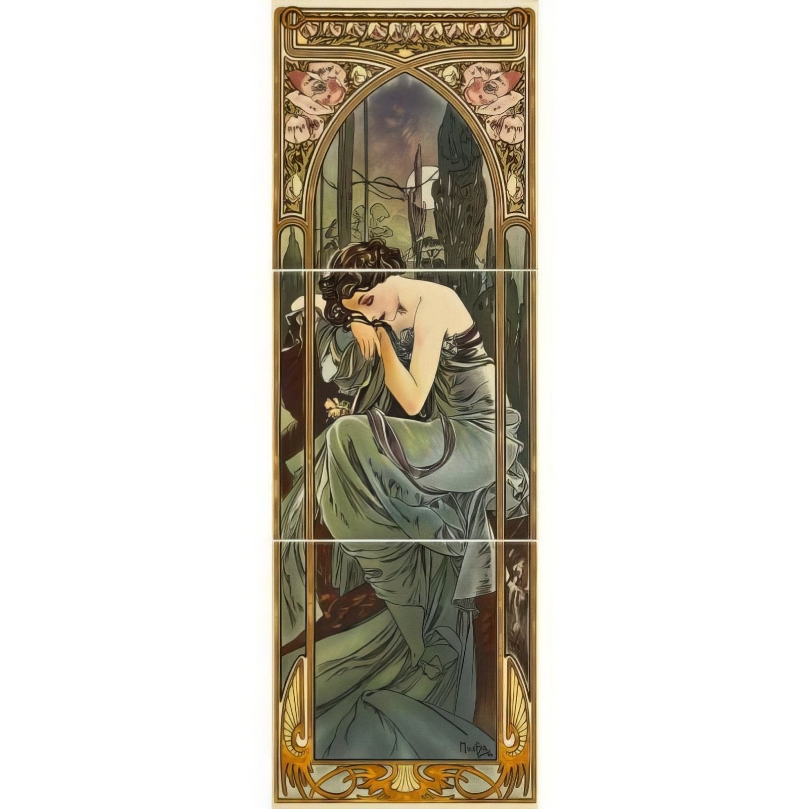 Mucha Nocturnal Slumber Right Hand 3-Tile Set On County White – detail view 4