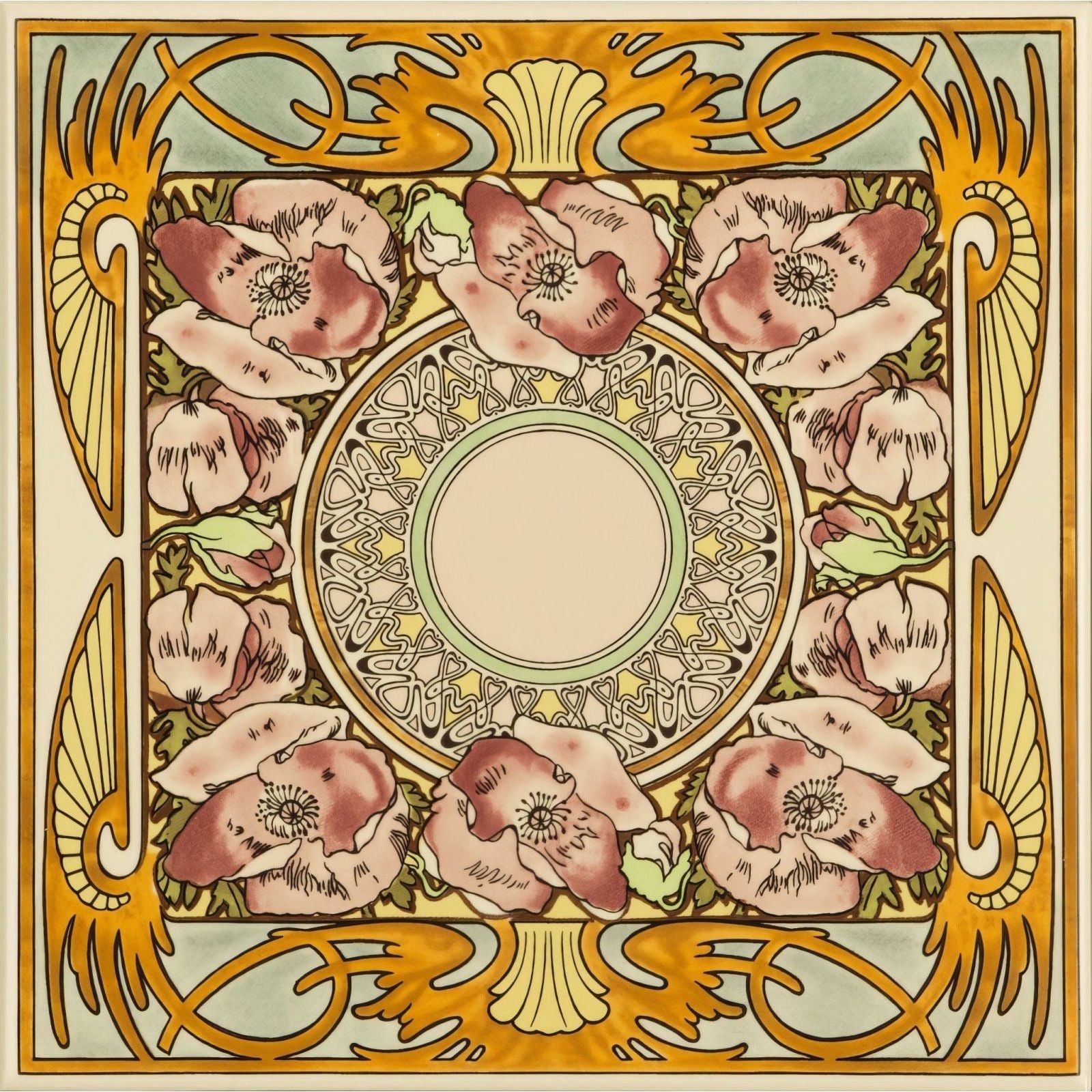 Art deco style square scarf with pink poppies and gold leaf ornamental borders on white fabric