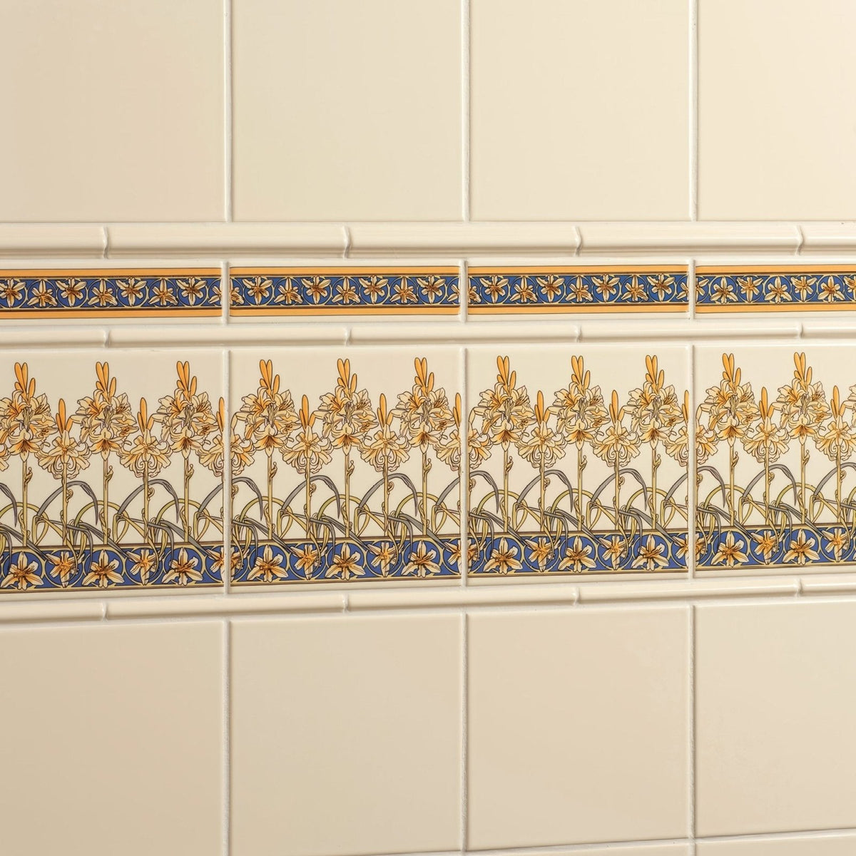 
Beige ceramic wall tiles alphonse mucha orchid on county white with blue and gold floral decorative border