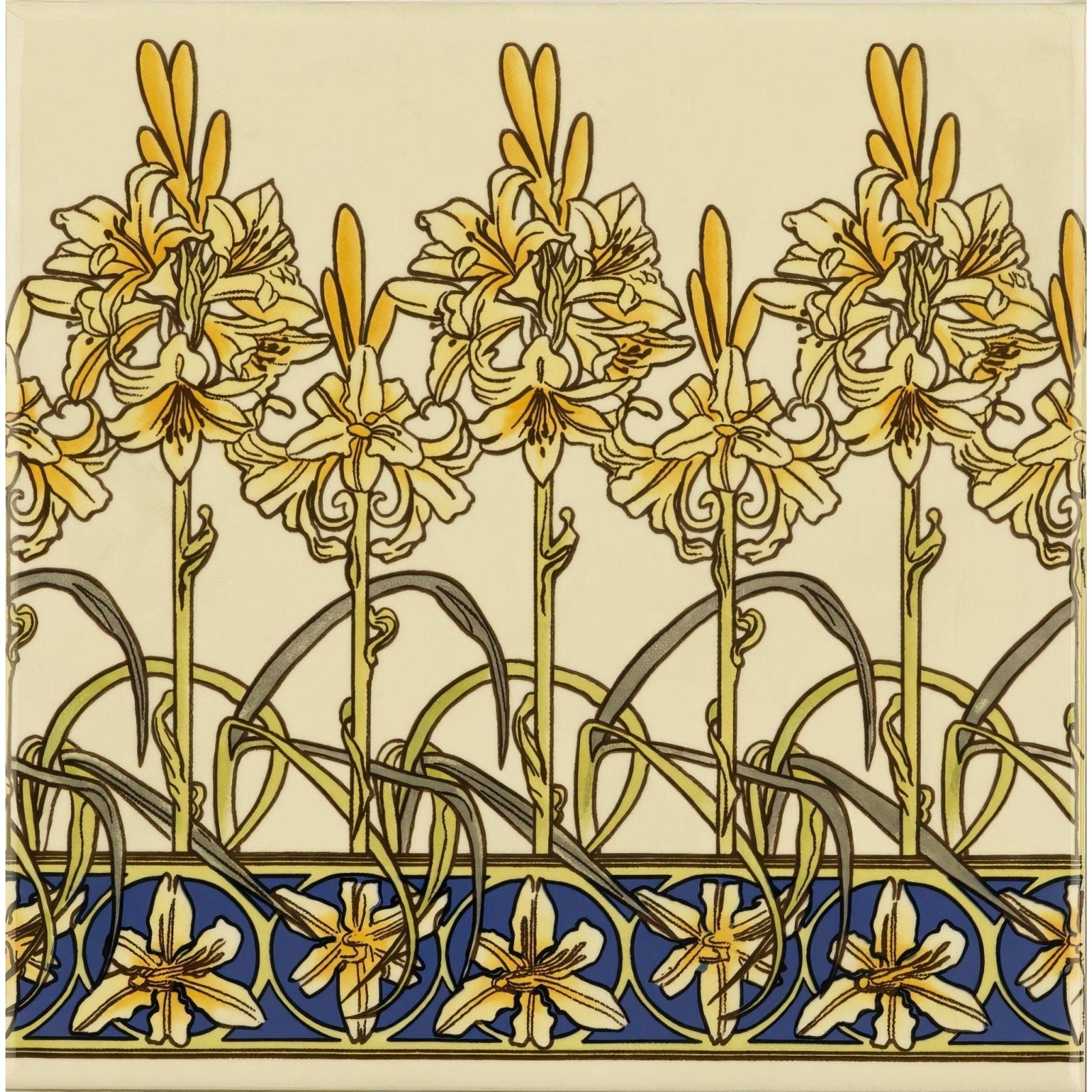 Art deco ceramic tile featuring stylized yellow lilies with green stems on cream background and blue floral border