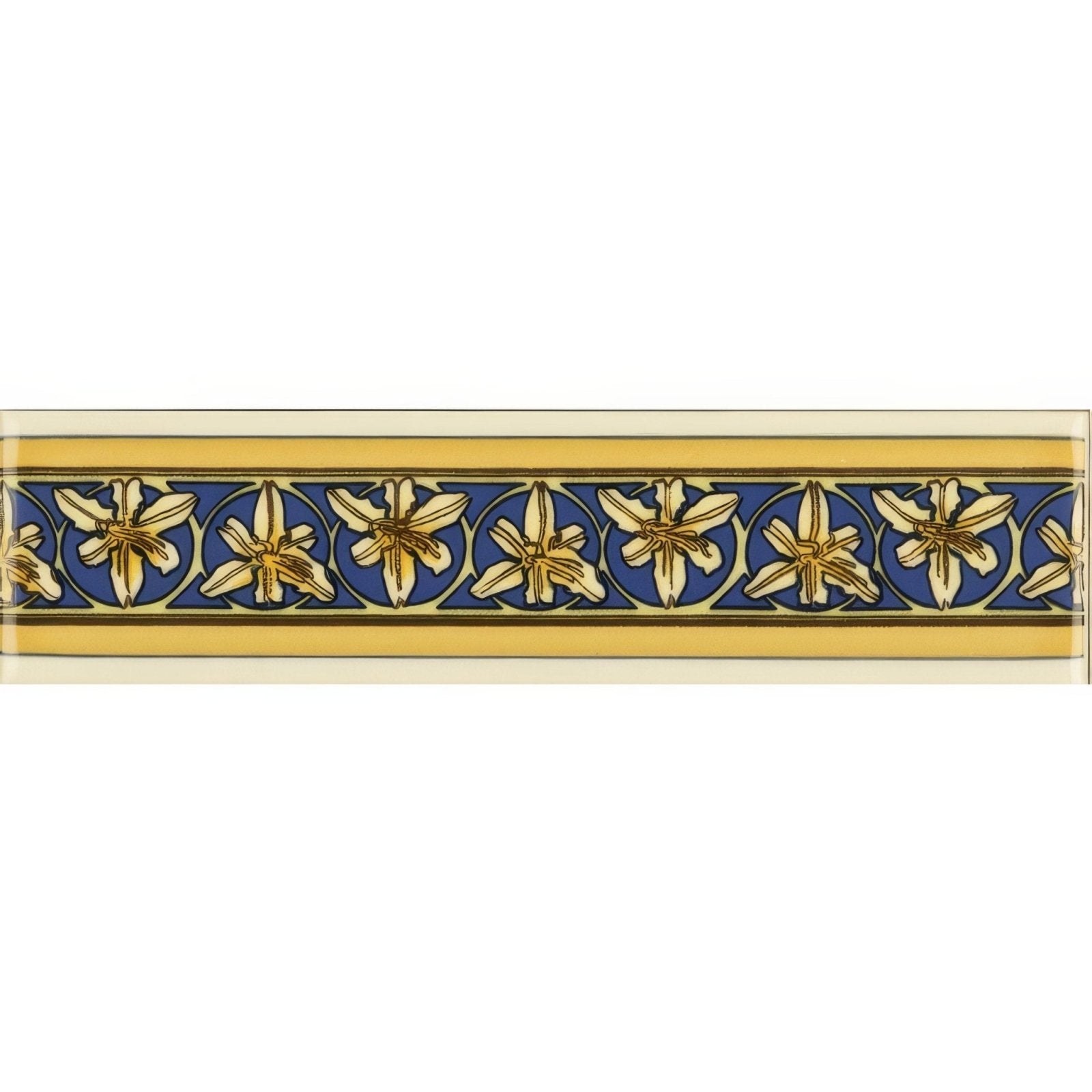 Blue and gold floral border tile with repeating lily motifs and cream centers in alphonse mucha orchid quarter tile on county white