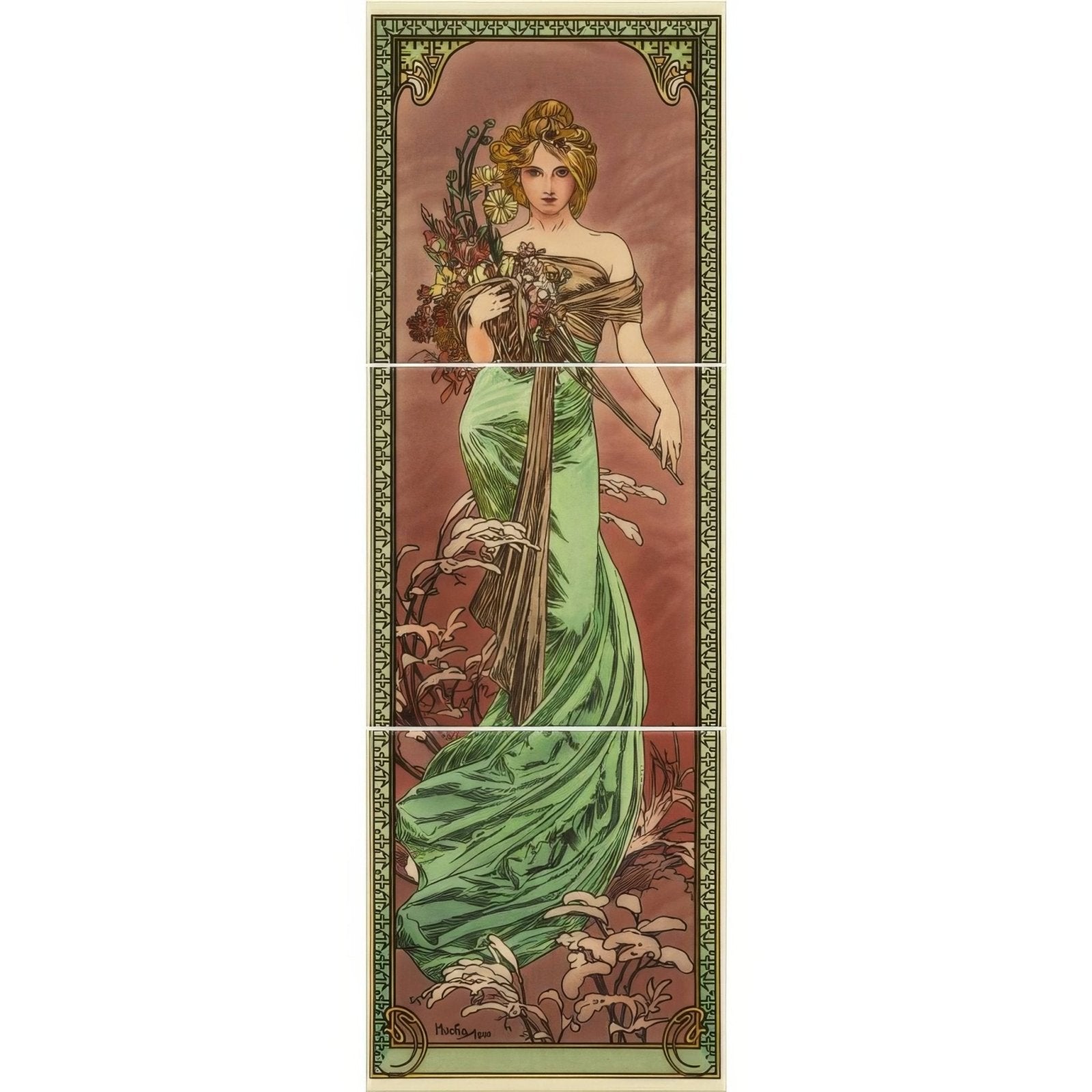 Art nouveau style vertical poster set featuring a woman in a green gown holding flowers on county white tiles
