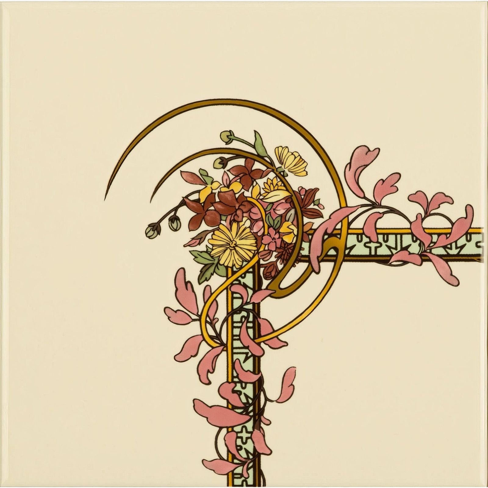 Alphonse mucha spring left hand corner tile on county white featuring art nouveau floral motif in pink yellow and brown