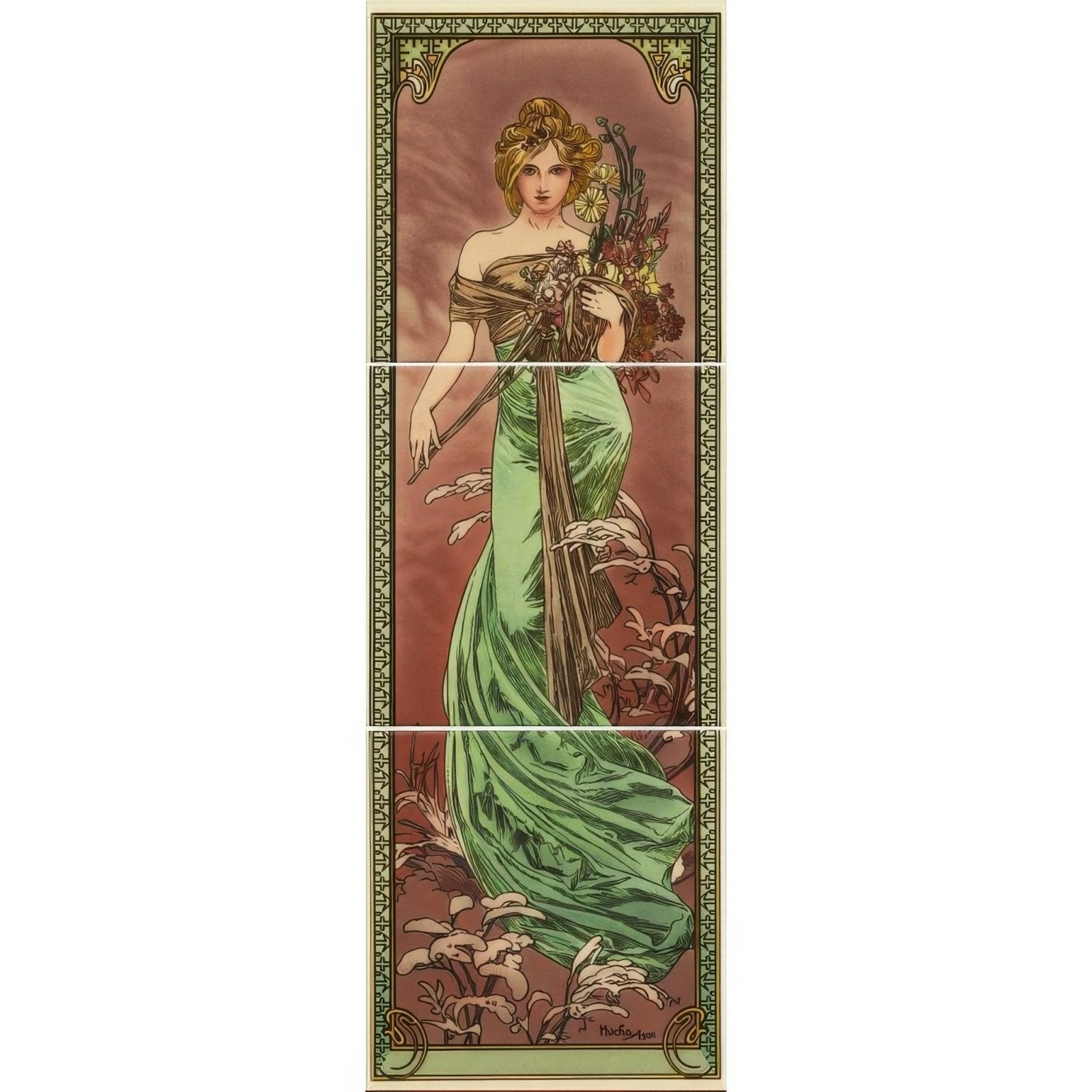 Art nouveau style vertical triptych wall art featuring a woman in an emerald green gown with gold ornate frame