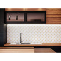 Alpine golden promise white marble-patterned backsplash with gold quatrefoil motifs for elegant kitchen walls