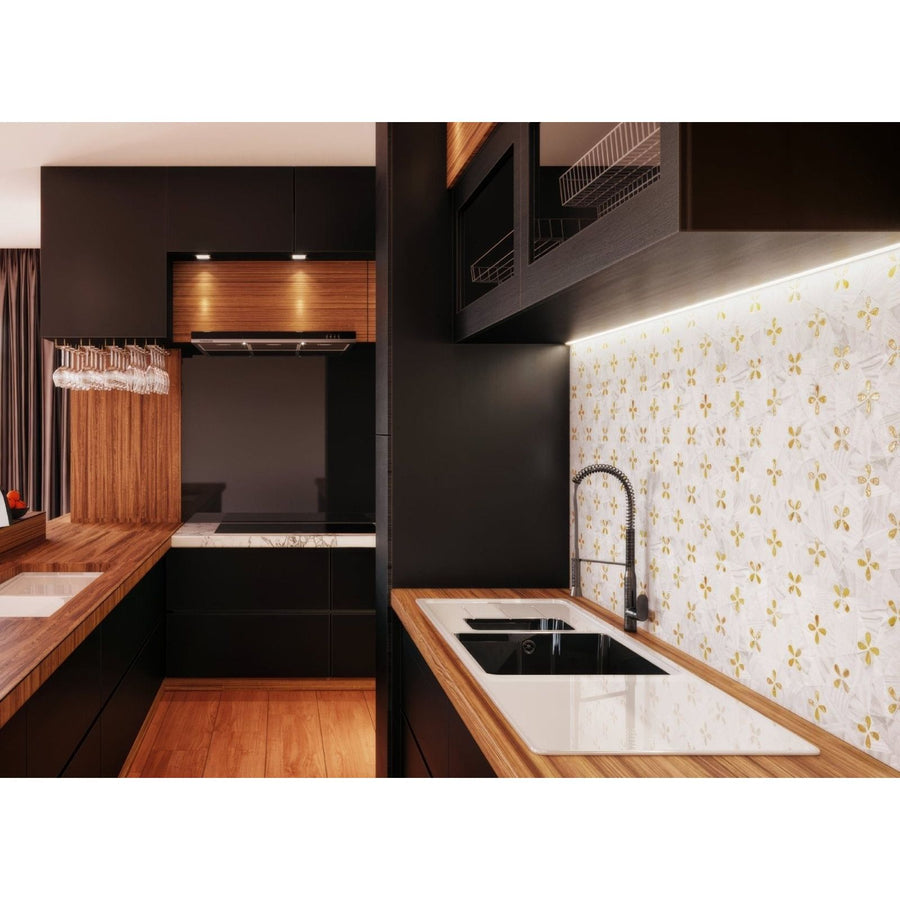 Alpine Golden Promise white and gold mother-of-pearl feature panel shown with a black gooseneck tap
