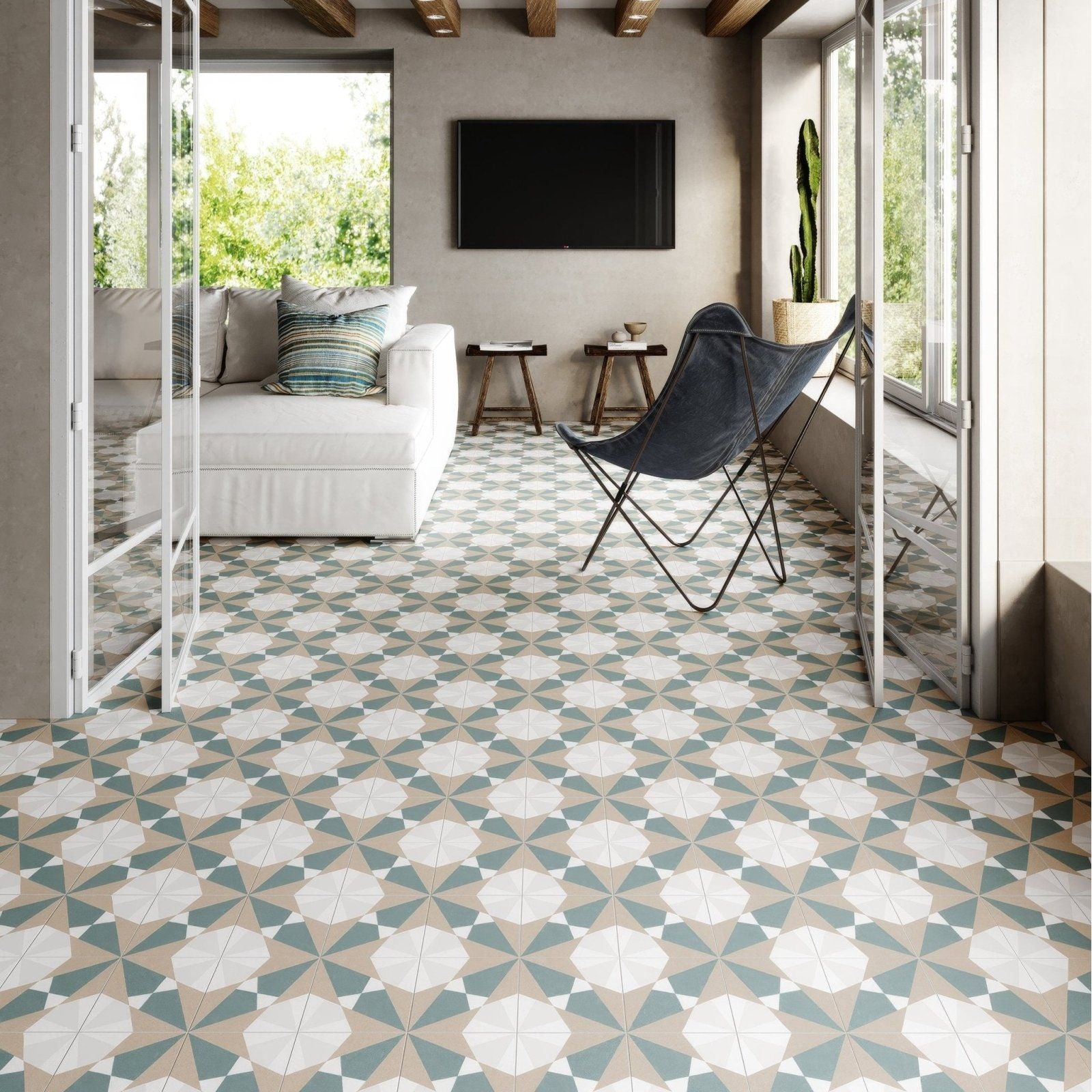 Geometric patterned floor tiles altea beige taco in white muted teal and beige for stylish interior flooring