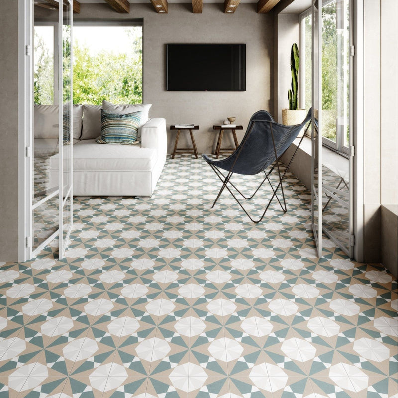 Geometric patterned floor tiles altea beige taco in white muted teal and beige for stylish interior flooring