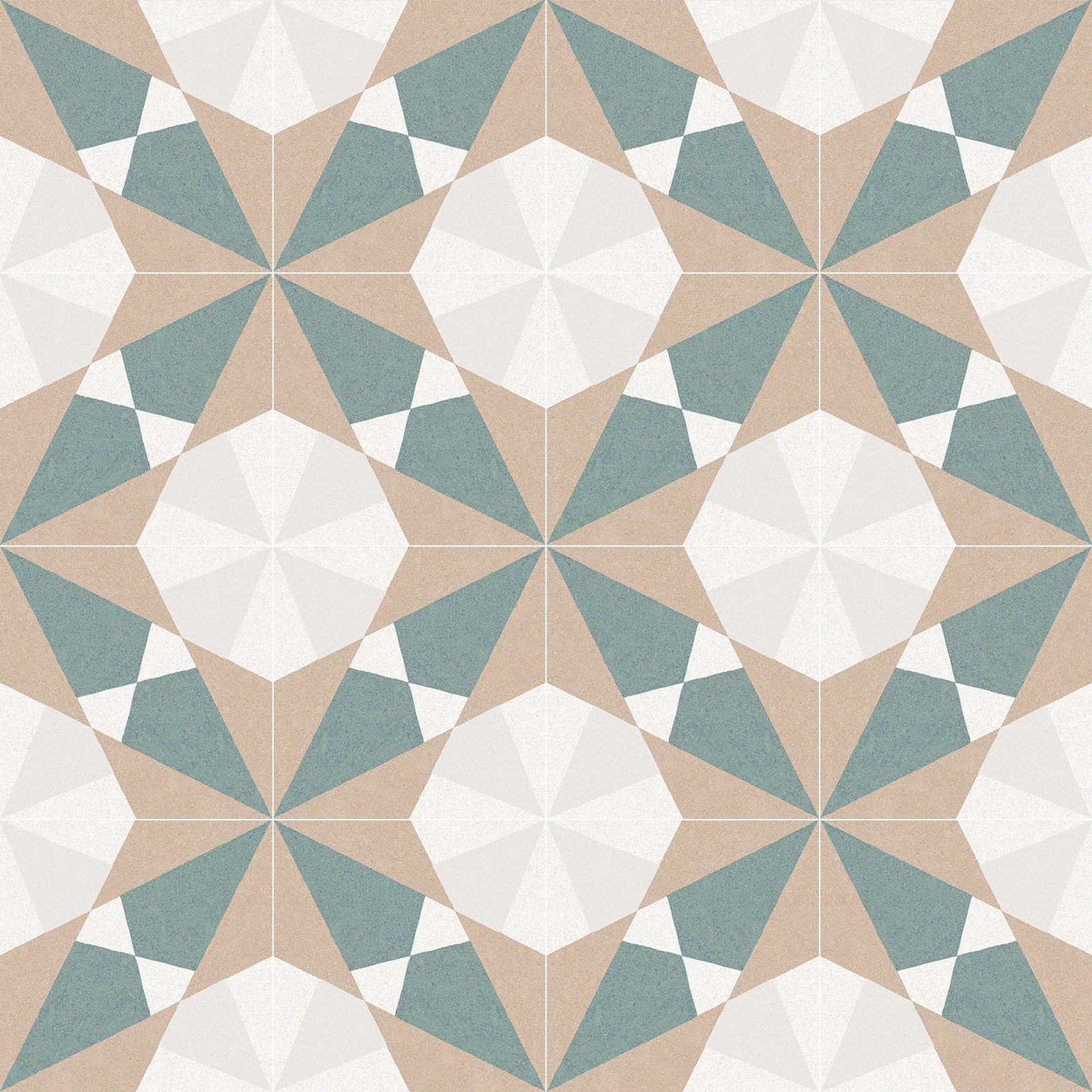 Altea beige taco geometric patterned floor tile with starburst design in muted teal white and beige tones