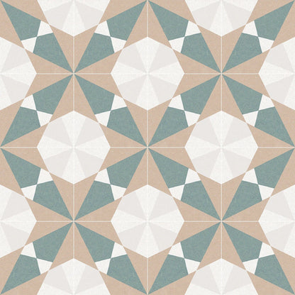Altea beige taco geometric patterned floor tile with starburst design in muted teal white and beige tones