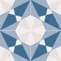 Altea blue taco geometric patterned tile with symmetrical starburst design in blue white and gray for wall or floor use