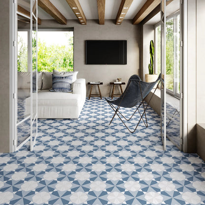Altea blue taco blue and white ceramic floor tiles with geometric pattern perfect for stylish flooring