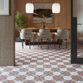 Geometric patterned floor tiles altea burdeos taco in white terracotta and muted gray for stylish interiors