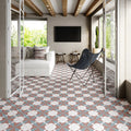 Geometric patterned floor tiles altea burdeos taco in white terracotta and muted blue for stylish interior flooring
