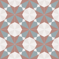 Altea burdeos taco floor tile with geometric starburst pattern in muted terracotta slate blue and off-white tones