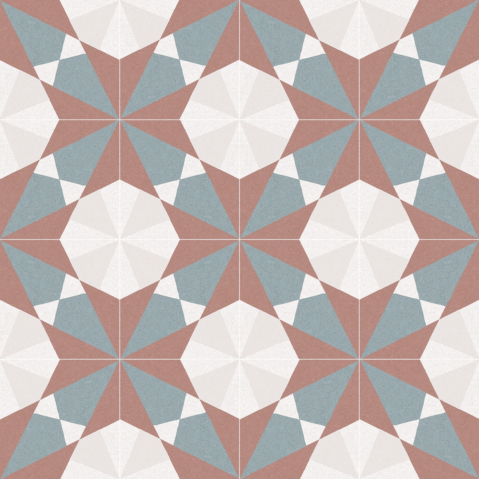 Altea burdeos taco floor tile with geometric starburst pattern in muted terracotta slate blue and off-white tones