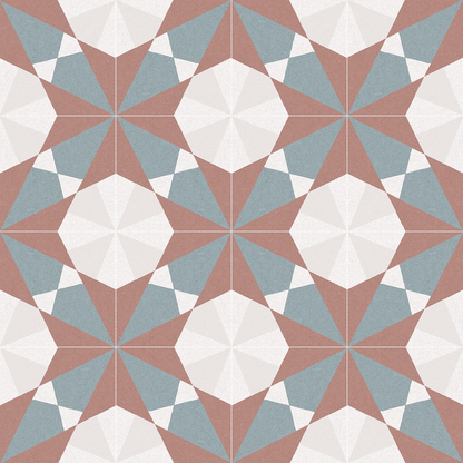 Altea burdeos taco floor tile with geometric starburst pattern in muted terracotta slate blue and off-white tones
