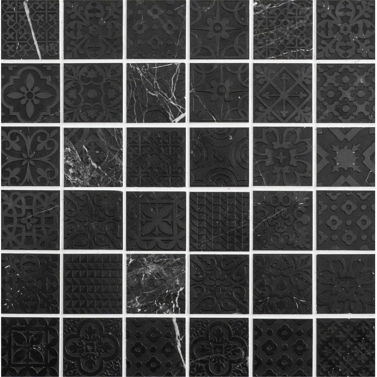Alto black marble patterned mosaic tile featuring intricate embossed patterns and subtle marble veining