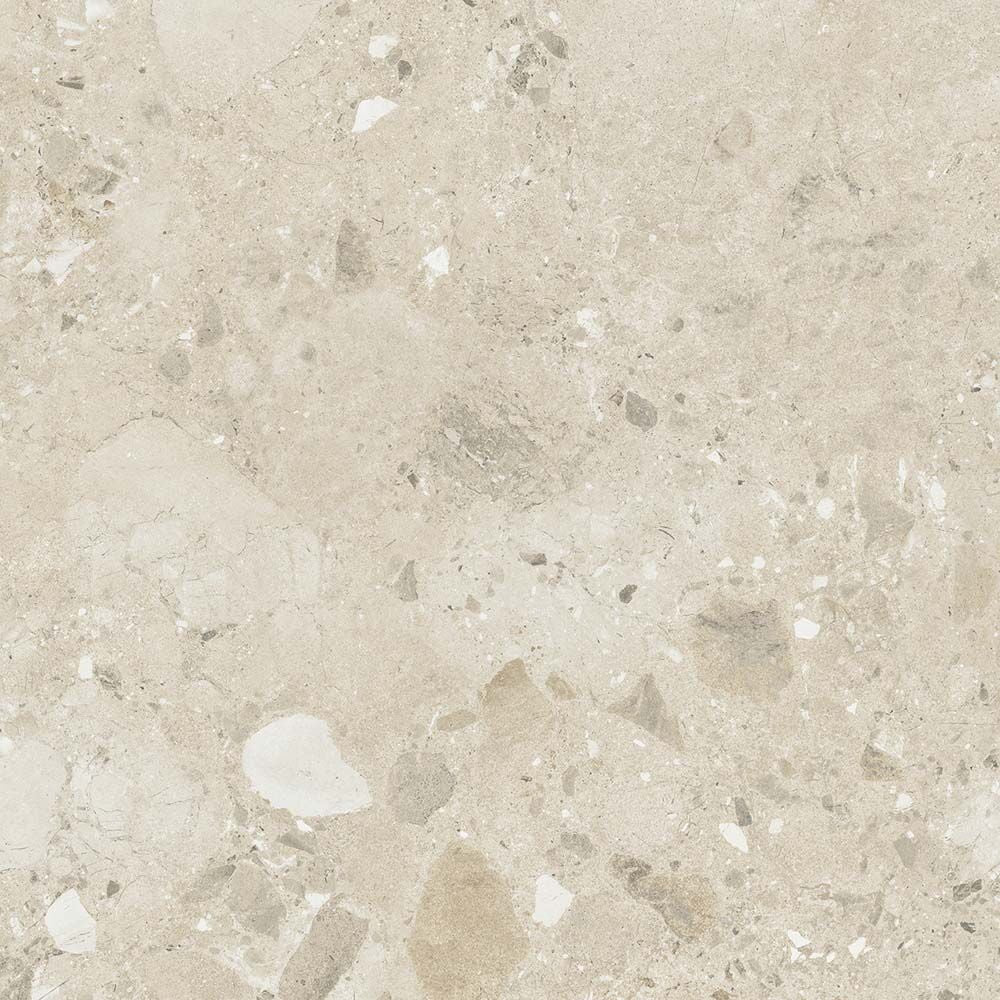 Beige amaya terrazzo tile with gray white and tan speckled natural matt polished surface 90 x 90cm